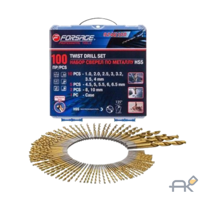 Набор сверел по металлу.100пр.(1.2.2.5.3.3.2.3.5.4-по 10шт.4.5.5.5.5.6.6.5-по 5шт.8.10-по 2шт)в кейсе (F-924U100)